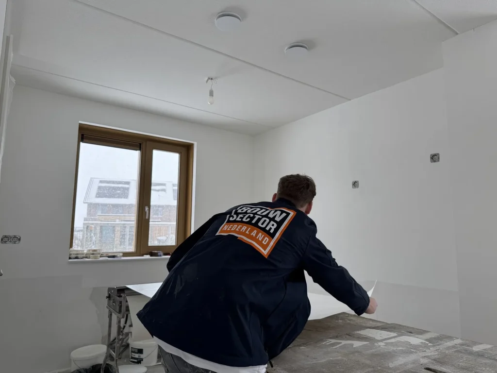 Behanger van Bouwsector Nederland trekt een baan vlies van de plaktafel in een witte nieuwbouwkamer met een houten raam